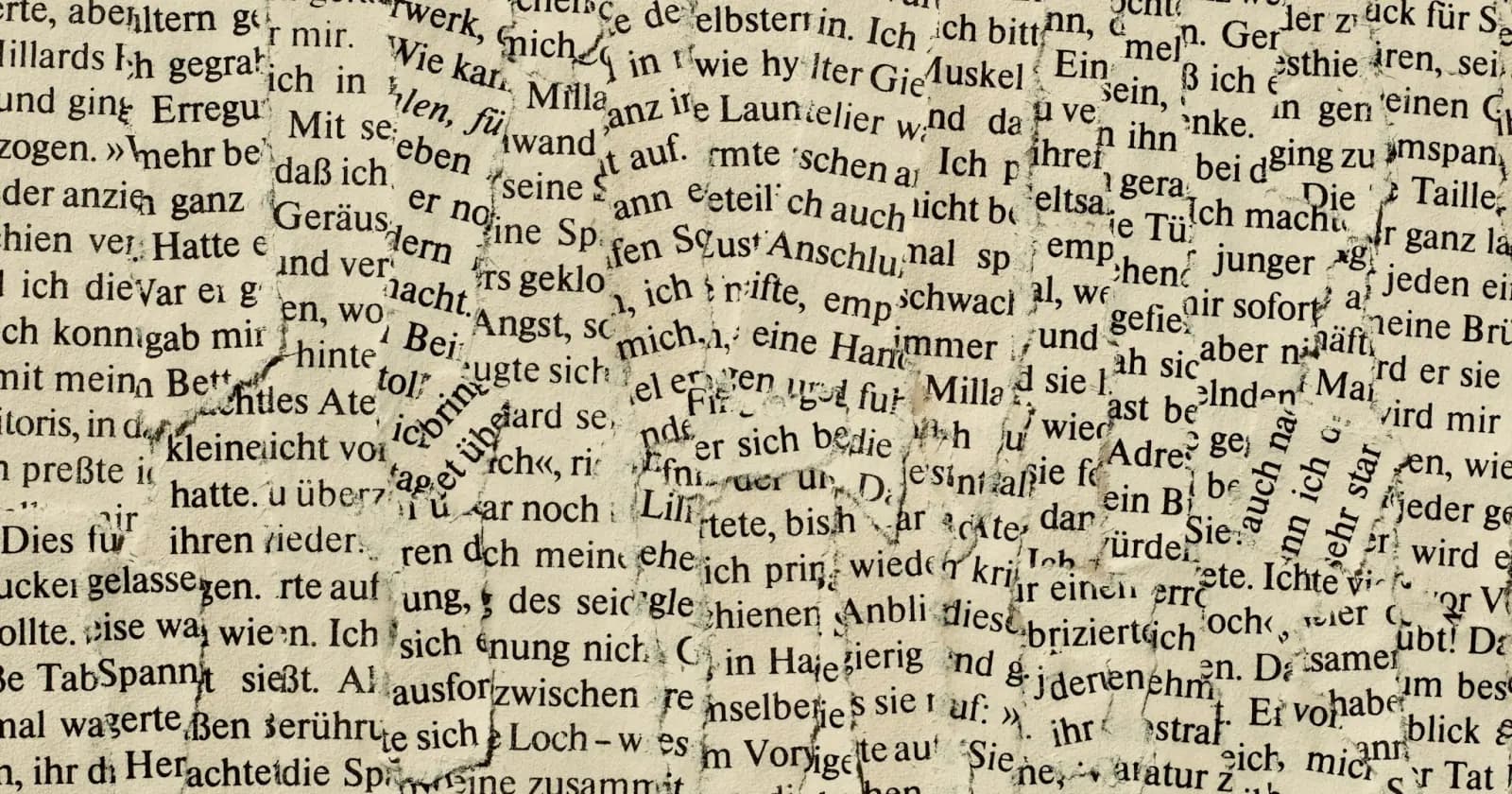 Eine Fläche aus überlappenden, ausgerissenen Papierschnipseln mit deutschem Fließtext, die zu einer neuen Seite zusammengesetzt sind.