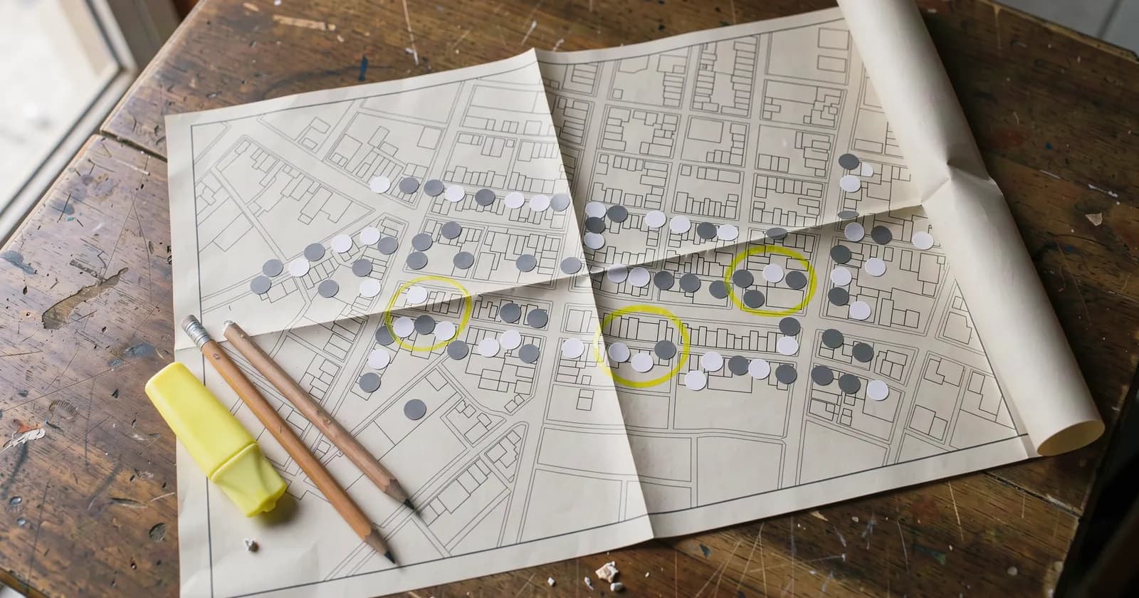 通りと建物の輪郭だけが描かれた商店街の白地図。店の上にたくさんの灰色と白の丸シールが貼られ、そのうち3か所だけが黄色の蛍光ペンで丸く囲まれている。
